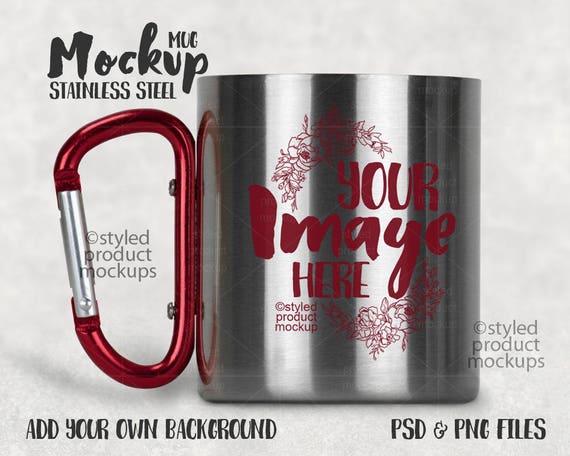 Download 11 Oz Stainless Steel Mug With Red Carabiner Handle - Crear Mockups Online