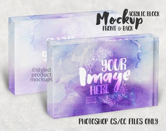 Acrylic photo block horizontal with front and back view mockup | Add your own image and background