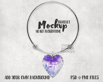 Download Free Dye Sublimation bangle bracelet with heart shaped Florentine charm mockup template | Add your own art and background PSD Template