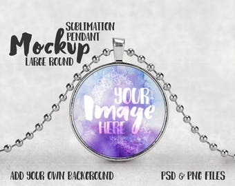 Download Free Dye Sublimation large circle pendant mockup template with ball chain | Add your own art and background PSD Template