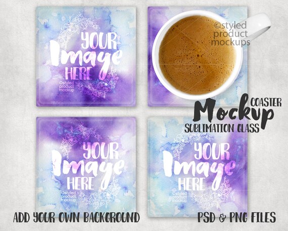 Square Glass Sublimation Coaster Mockup Top View With Coffee