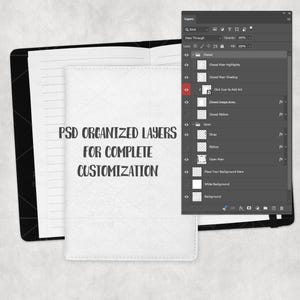 May include: A white notebook with the text "PSD ORGANIZED LAYERS FOR COMPLETE CUSTOMIZATION" is open on a black surface. A digital interface with layers is visible on the right side of the image.