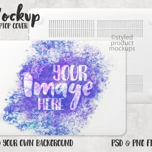 May include: White laptop cover mockup with a watercolor design featuring purple, blue, and pink colors. The design includes the text "Your Image Here".
