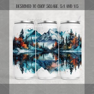 May include: Three white stainless steel tumblers with a mountain and forest design. The design features a watercolor landscape with blue, orange, and green trees, mountains, and a lake. The tumblers have silver lids and one has a straw.