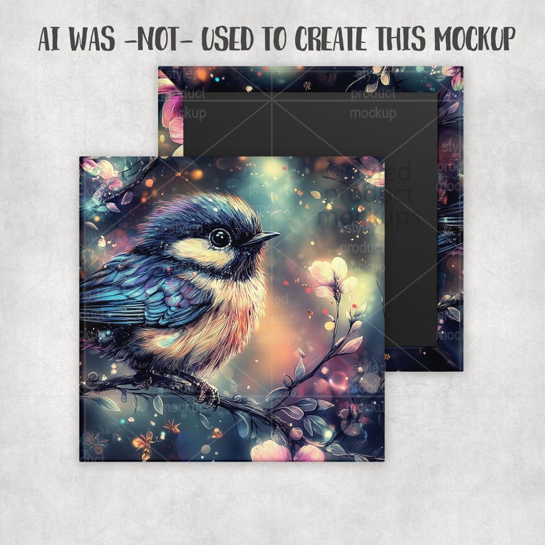 Puede incluir: Im&aacute;n cuadrado con una colorida ilustraci&oacute;n de un p&aacute;jaro posado en una rama floreciente. El p&aacute;jaro tiene plumas azules, amarillas y marrones. El fondo es una mezcla de colores de ensue&ntilde;o. El texto "AI WAS -NOT- USED TO CREATE THIS MOCKUP" es visible.