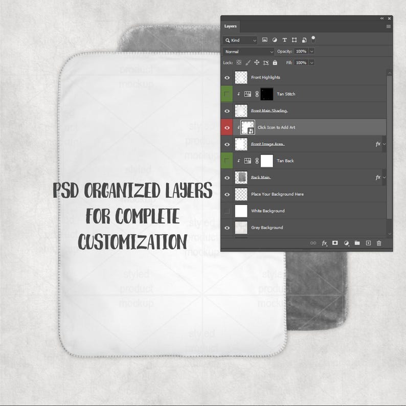 Peut inclure: Maquette de produit blanche aux coins arrondis et bordure cousue, avec le texte "PSD ORGANIZED LAYERS FOR COMPLETE CUSTOMIZATION." Un fond gris et un panneau de calques Photoshop sont &eacute;galement visibles.