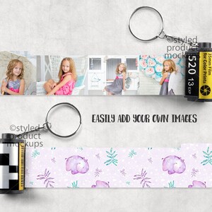 May include: A mockup featuring two film canisters with keychains and strips of images. One strip displays photos of a girl, the other has a purple hippo pattern. The text "EASILY ADD YOUR OWN IMAGES" is visible.