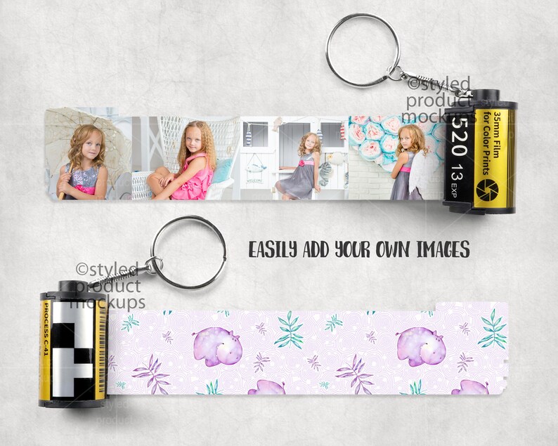 May include: A mockup featuring two film canisters with keychains and strips of images. One strip displays photos of a girl, the other has a purple hippo pattern. The text "EASILY ADD YOUR OWN IMAGES" is visible.