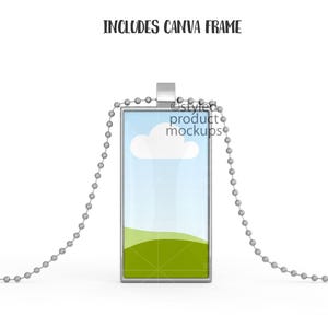 May include: A silver pendant necklace with a rectangular frame. The frame has a light blue sky with a white cloud and a green grassy hill. The text "styled product mockups" is visible in the frame.