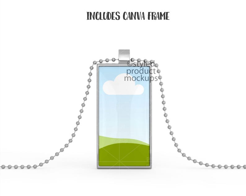 May include: A silver pendant necklace with a rectangular frame. The frame has a light blue sky with a white cloud and a green grassy hill. The text "styled product mockups" is visible in the frame.