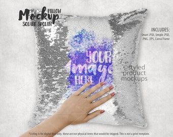 Dye sublimation square sequin pillow with hand Mockup | Add your own image and background | Canva frame mockup