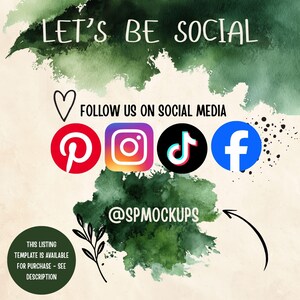 Puede incluir: Gr&aacute;fico con el texto "LET'S BE SOCIAL" y "S&Iacute;GUENOS EN LAS REDES SOCIALES" encima de los iconos de redes sociales de Pinterest, Instagram, TikTok y Facebook. La imagen tambi&eacute;n incluye el texto "@SPMOCKUPS" y una nota sobre la plantilla del listado.