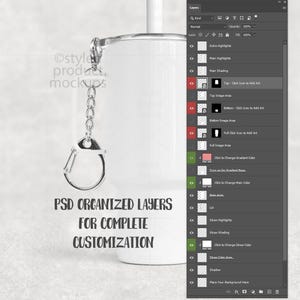 May include: White product mockup with a silver keychain attached. The image includes a layered Photoshop file interface, with text that reads "PSD ORGANIZED LAYERS FOR COMPLETE CUSTOMIZATION".