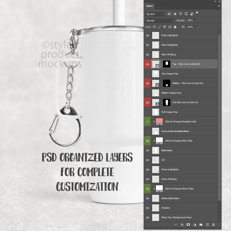 May include: White product mockup with a silver keychain attached. The image includes a layered Photoshop file interface, with text that reads "PSD ORGANIZED LAYERS FOR COMPLETE CUSTOMIZATION".
