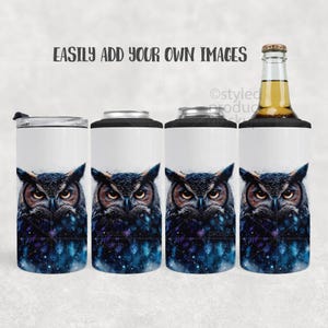 May include: White drink holders featuring an owl design. The owl has brown eyes and dark blue and purple feathers, set against a starry night sky. The image includes a tumbler, a can cooler, and a bottle cooler.