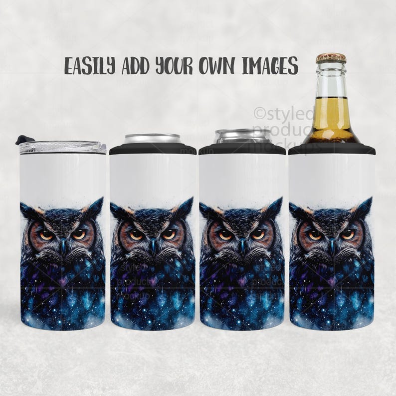 May include: White drink holders featuring an owl design. The owl has brown eyes and dark blue and purple feathers, set against a starry night sky. The image includes a tumbler, a can cooler, and a bottle cooler.
