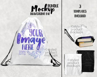 May include: White drawstring bag mockup with a floral design and the text "YOUR Image HERE". The bag is shown in three different poses, including a close-up of the front, a side view with the bag filled with books, and a flat lay with the bag lying on its side.