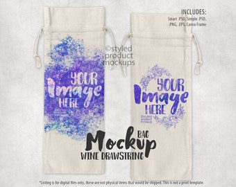 May include: A white drawstring bag mockup with a purple watercolor design and the text "Your Image Here". The bag is made of natural fabric and has a rustic look. The text "Wine Drawstring Bag Mockup" is printed below the image.