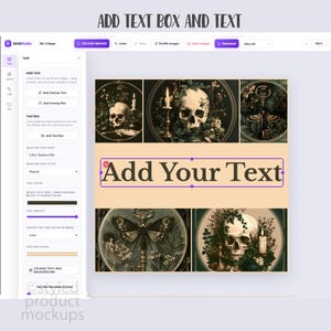 May include: A digital interface for a collage editor titled GridStudio, featuring a central text box with the words Add Your Text in a serif font. The layout displays five circular gothic-style images of skulls, candles, and insects.