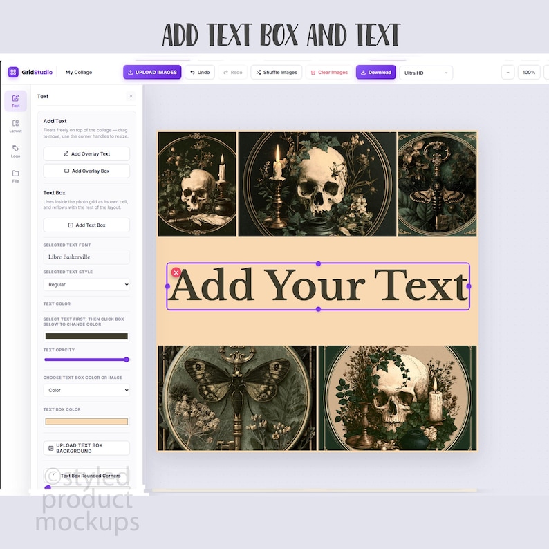 May include: A digital interface for a collage editor titled GridStudio, featuring a central text box with the words Add Your Text in a serif font. The layout displays five circular gothic-style images of skulls, candles, and insects.