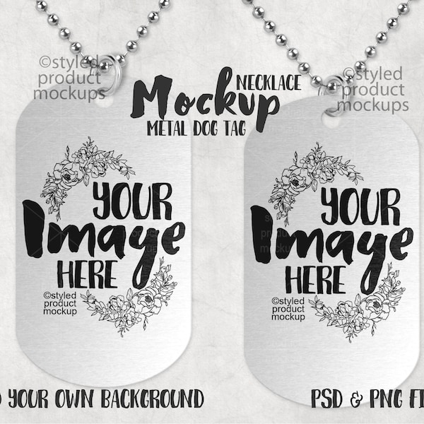 Dye sublimation stainless steel double sided dog tag with ball chain mockup | Add your own image and background