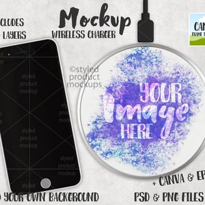 May include: A white wireless charging pad with a purple and blue watercolor design. The design includes the text "Your Image Here". The charging pad is shown next to a black smartphone mockup.