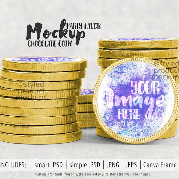 Party Favor chocolate coin chocolate dollar label Mockup | Add your own image and background