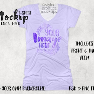 Modelsjabloon lang dames-T-shirt met V-hals en all-over print| Voeg je eigen afbeelding en achtergrond toe afbeelding 1