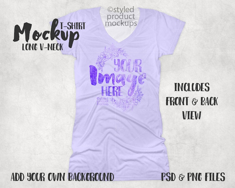 Modelsjabloon lang dames-T-shirt met V-hals en all-over print| Voeg je eigen afbeelding en achtergrond toe afbeelding 1