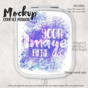 May include: A white compact mirror mockup with a silver frame. The mirror has a watercolor background with purple, blue, and pink colors. The text "YOUR IMAGE HERE" is written in white on the mirror. The text "INCLUDES: Smart PSD, Simple PSD, PNG, EPS, Canva Frame" is written in black at the top of the image.