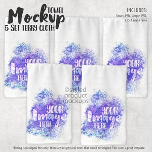 Conjunto de 5 toalhas de mão para sublimação de tinta Mockup | Adicione sua própria imagem e plano de fundo