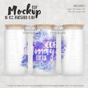 Maqueta de vaso con forma de lata de vidrio esmerilado de 16 oz con sublimación de tinta / Agregue su propia imagen y fondo / Maqueta de marco de canva