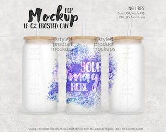 Dye sublimation 16oz frosted glass can shaped tumbler Mockup | Add your own image and background | canva frame mockup