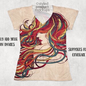 Op de afbeelding: Een beige V-hals T-shirt met een kleurrijke illustratie van een vrouw met lang, golvend haar. Het haar is een mix van rood, geel en blauw. De tekst "EASILY ADD YOUR OWN IMAGES" en "SUPPORTS FULL COVERAGE" is ook zichtbaar.