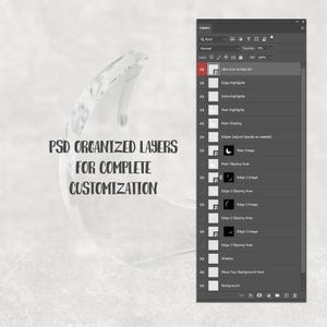 May include: A digital design mockup with a transparent crescent shape and a layered Photoshop panel. The text "PSD ORGANIZED LAYERS FOR COMPLETE CUSTOMIZATION" is displayed. The layers panel shows various editable elements.