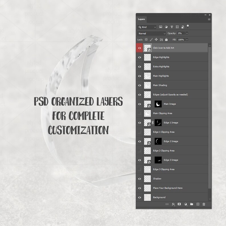 May include: A digital design mockup with a transparent crescent shape and a layered Photoshop panel. The text "PSD ORGANIZED LAYERS FOR COMPLETE CUSTOMIZATION" is displayed. The layers panel shows various editable elements.
