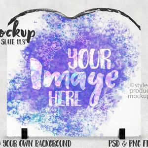 May include: A heart-shaped tablet slate mockup, 11.8 inches, with a watercolor design in shades of purple and blue. The text "YOUR IMAGE HERE" is displayed in white. The words "Mockup", "ADD YOUR OWN BACKGROUND", and "PSD & PNG FILES" are also visible.