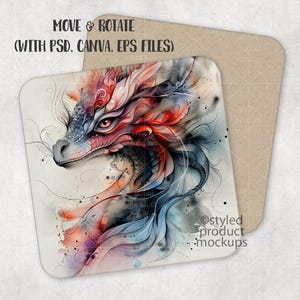 May include: A colourful watercolour illustration of a dragon's head with intricate details and a blue, red and pink colour scheme. The dragon's head is facing the left side of the image. The background is a light grey with a subtle watercolour effect.