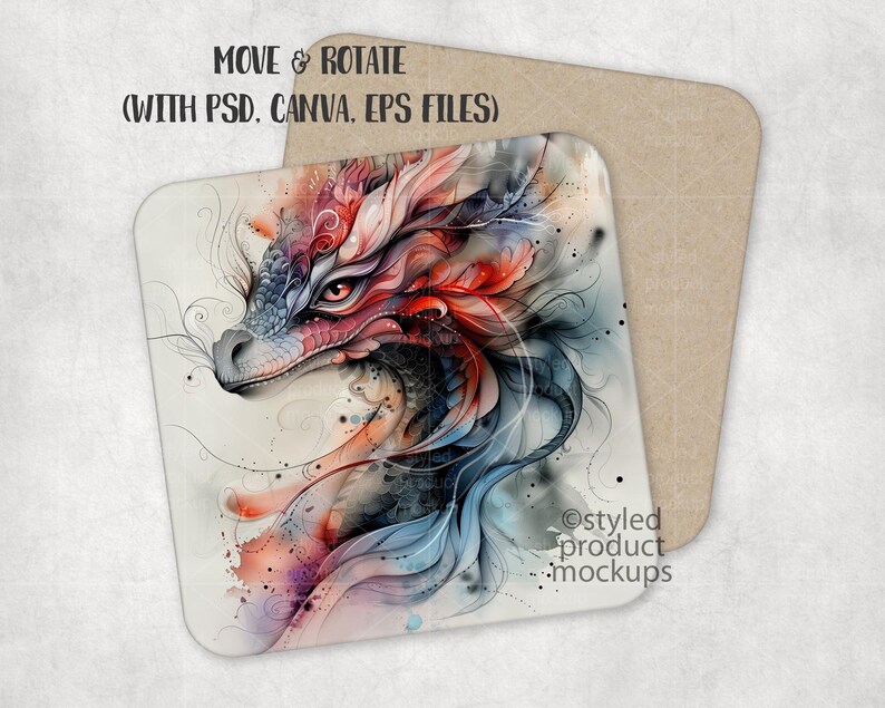 May include: A colourful watercolour illustration of a dragon's head with intricate details and a blue, red and pink colour scheme. The dragon's head is facing the left side of the image. The background is a light grey with a subtle watercolour effect.