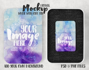 Dye Sublimation weißes Feuerzeug und Geschenk Zinn Mockup Vorlage | Füge dein eigenes Bild und Hintergrund hinzu