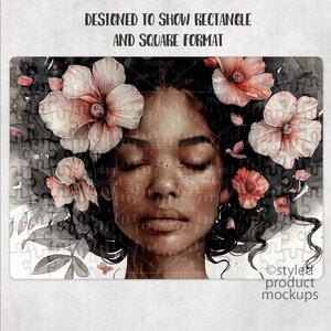 May include: A digital illustration of a woman with long, dark hair adorned with pink and white flowers. Her eyes are closed and she has a serene expression. The background is a watercolor-style wash of gray and white.