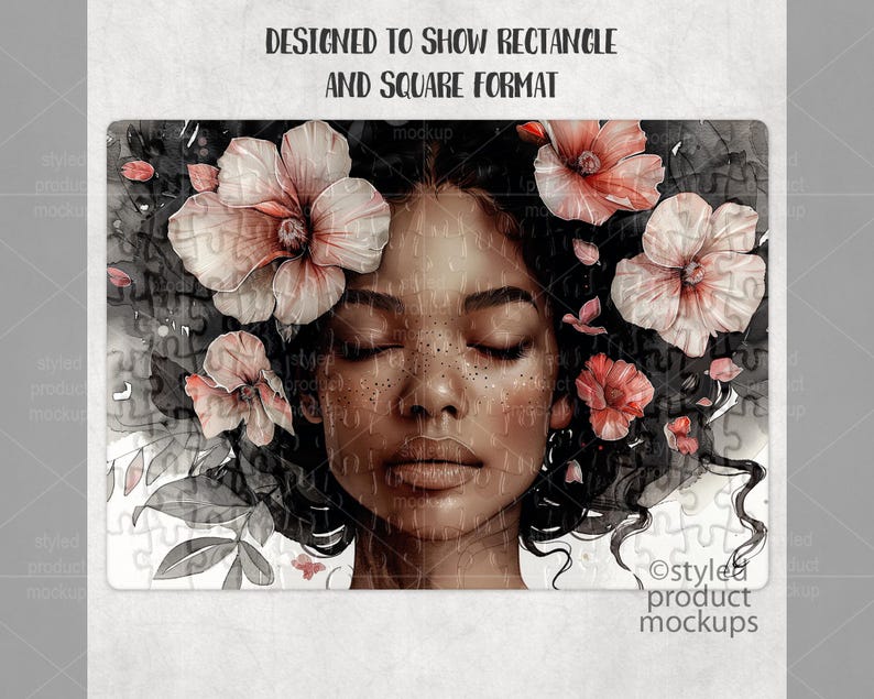May include: A digital illustration of a woman with long, dark hair adorned with pink and white flowers. Her eyes are closed and she has a serene expression. The background is a watercolor-style wash of gray and white.