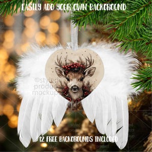 May include: A heart-shaped Christmas ornament featuring a deer with antlers and a berry wreath, surrounded by white feather wings. The ornament hangs from a white ribbon. Text on the image reads: "EASILY ADD YOUR OWN BACKGROUND" and "12 FREE BACKGROUNDS INCLUDED."