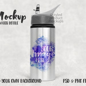 Dye sublimation stainless steel water bottle Mockup | Add your own image and background