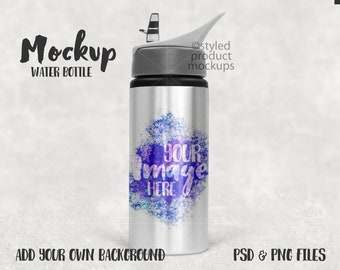 Dye sublimation stainless steel water bottle Mockup | Add your own image and background