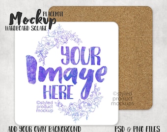 Kleursublimatie vierkante hardboard placemat placemat mockup | Voeg je eigen afbeelding en achtergrond toe