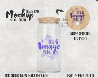 Dye sublimation 16oz clear glass soda can shape cup with bamboo lid and straw mockup | Add your own image and background