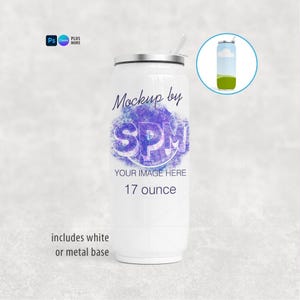 Puede incluir: Vaso blanco de 503 ml con tapa y pajita plateadas. El vaso presenta el texto "Mockup by SPM" y "YOUR IMAGE HERE". El dise&ntilde;o incluye una base blanca o met&aacute;lica.