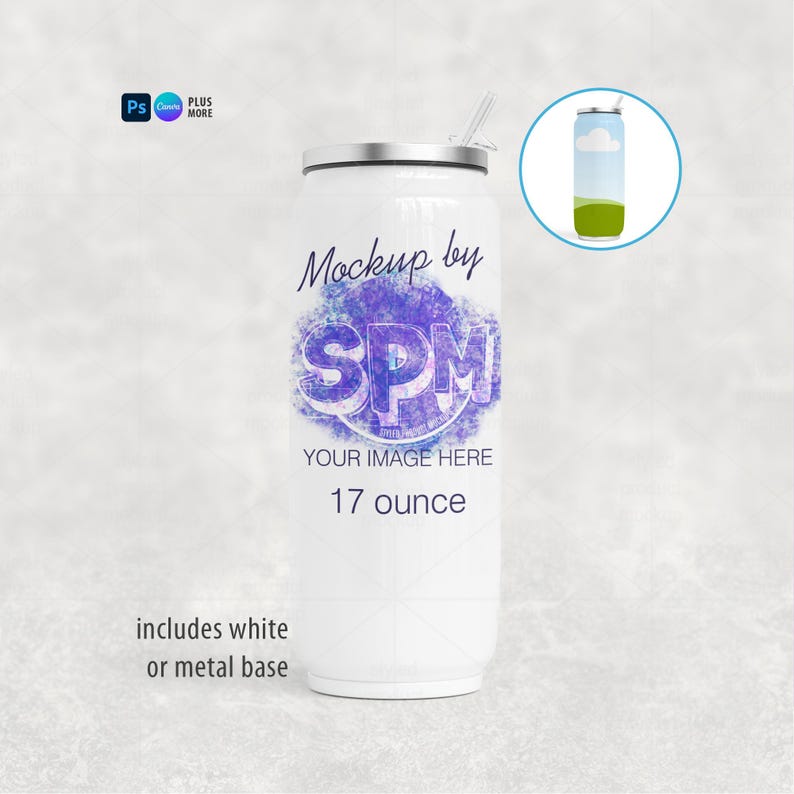 Puede incluir: Vaso blanco de 503 ml con tapa y pajita plateadas. El vaso presenta el texto "Mockup by SPM" y "YOUR IMAGE HERE". El dise&ntilde;o incluye una base blanca o met&aacute;lica.