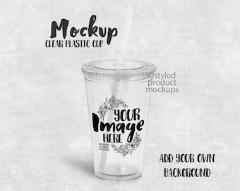 Clear plastic reusable cup with lid and straw template mockup | Add your own art and background